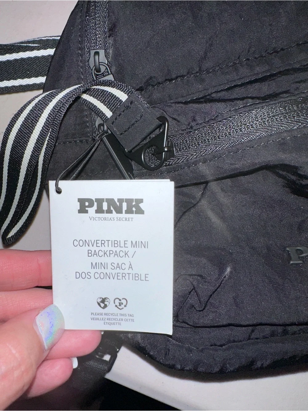 PINK Victoria's Secret Black Convertible Mini Backpack with Striped Straps